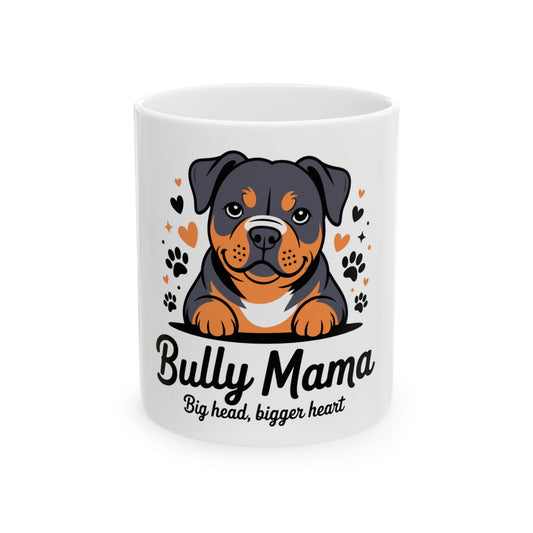 Bully Mama mug with cartoon Rottweiler and paw prints.