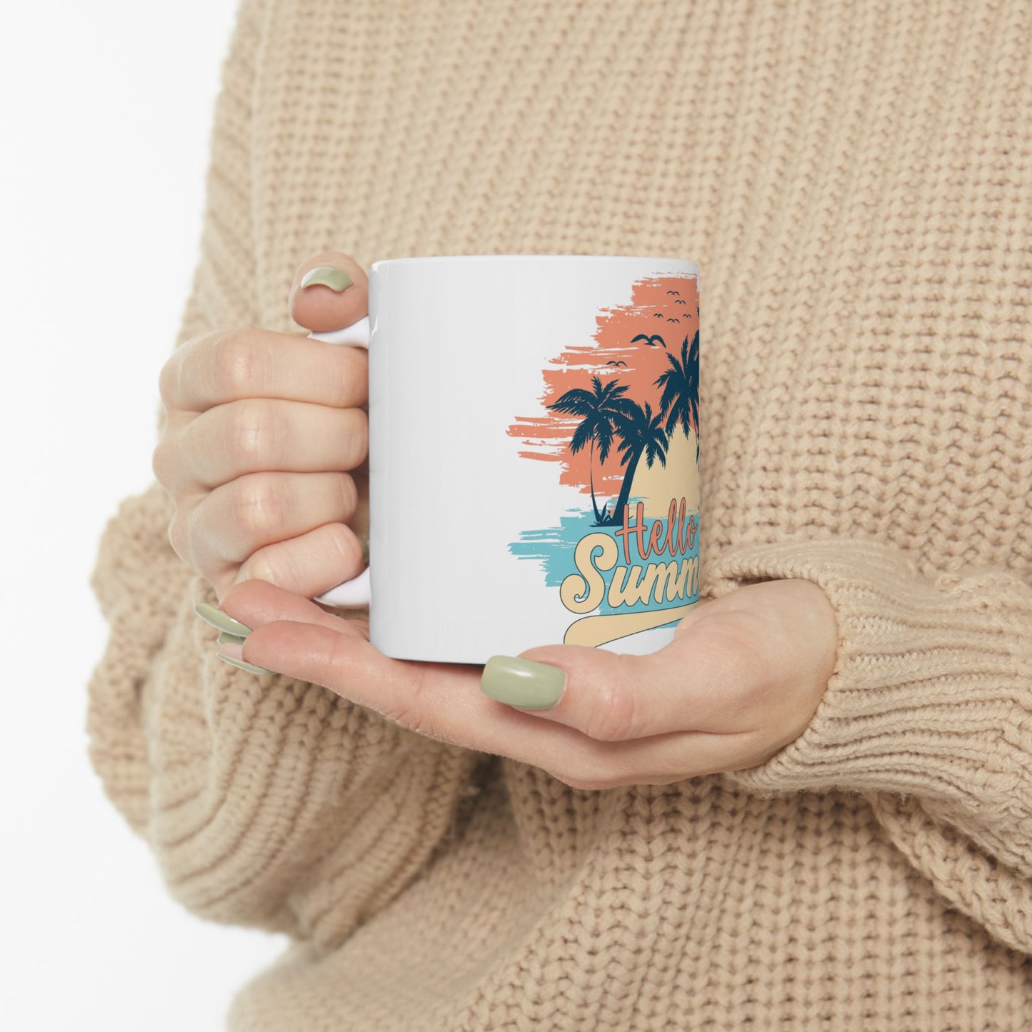 White mug with "Hello Summer" text and a tropical sunset scene.