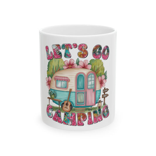Ceramic mug with "Let's Go Camping" text and illustrated camper van.