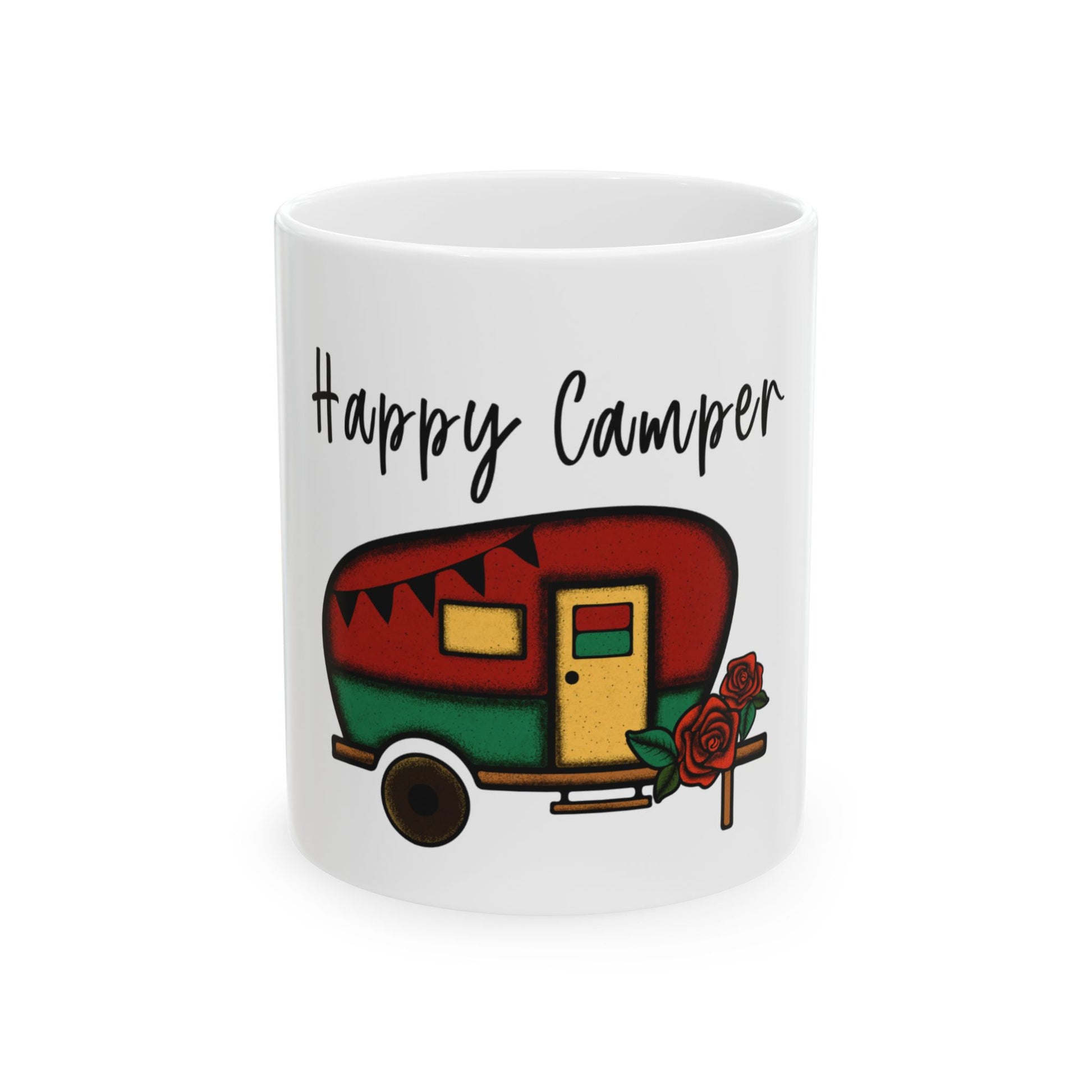 Camper with "Happy Camper" text and roses on a white mug.