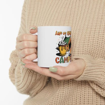 White mug with "Life is Camping" text and camping graphic.