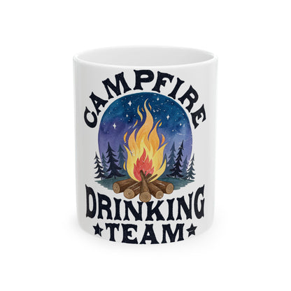 Campfire Drinking Team text on a mug with a starry night and campfire.