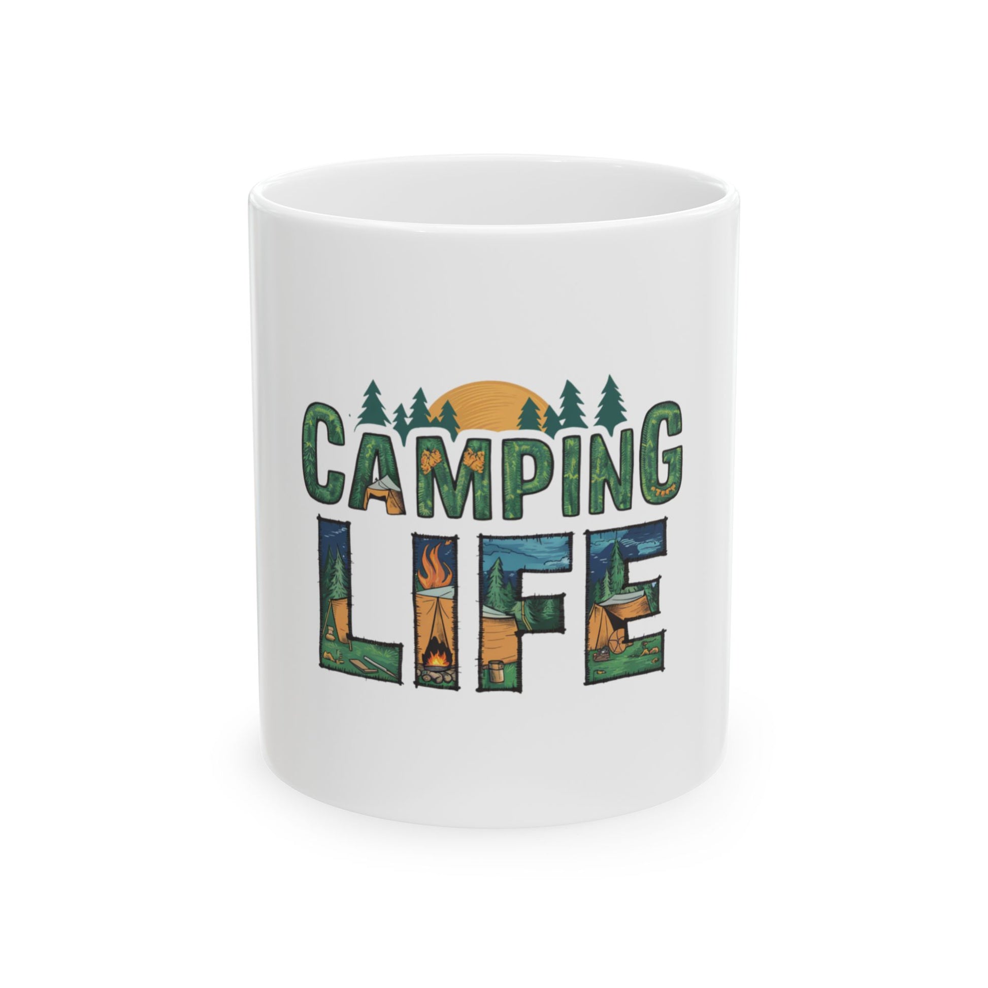 White mug with "CAMPING LIFE" text and camping scene graphics.