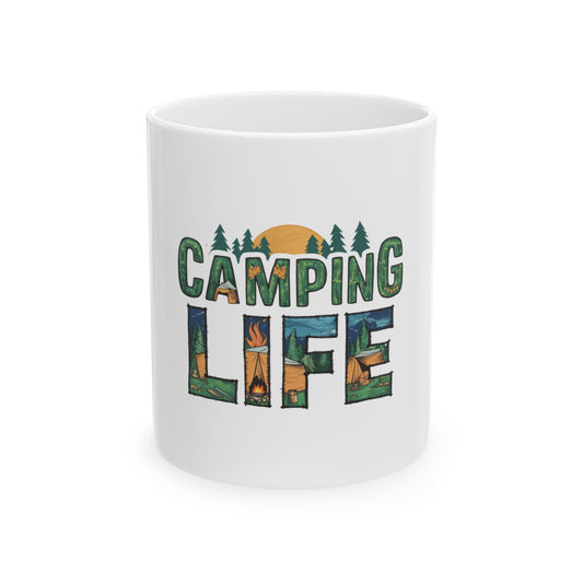 White mug with "CAMPING LIFE" text and camping scene graphics.