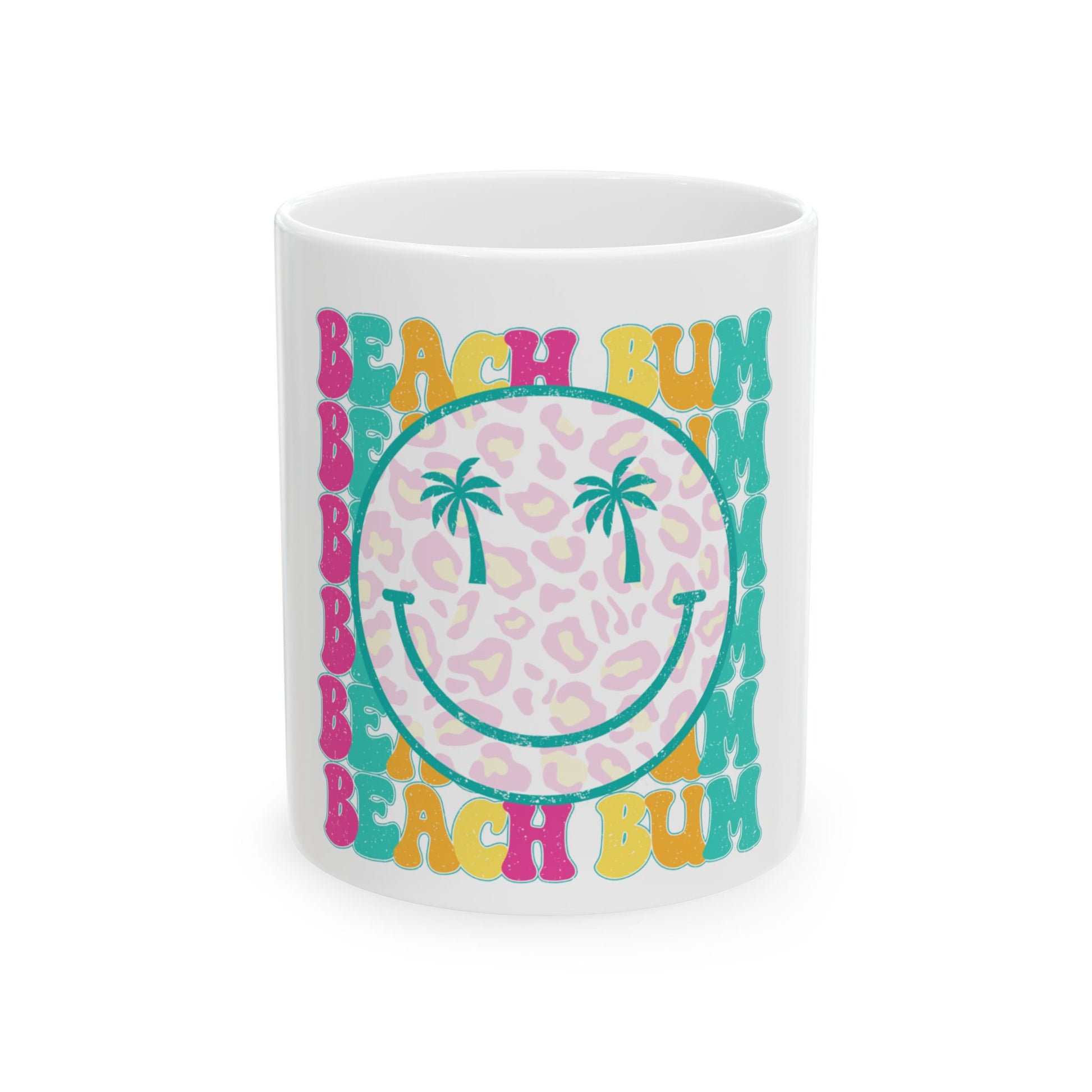 Mug with "Beach Bum" text and palm trees on a leopard print background.