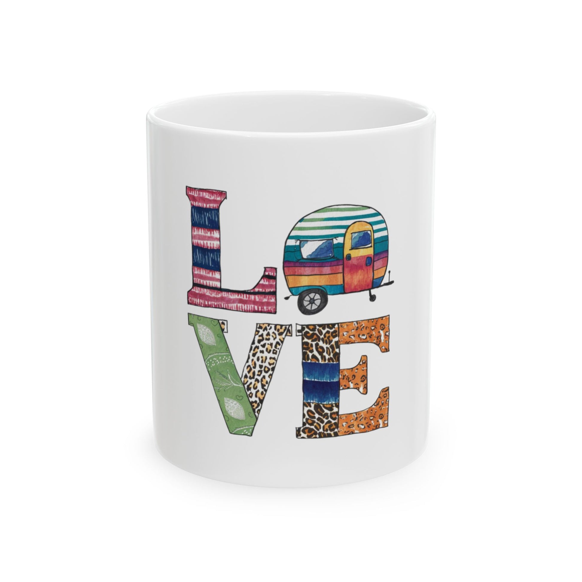 Mug with "LOVE" text, "O" replaced by a colorful camper.