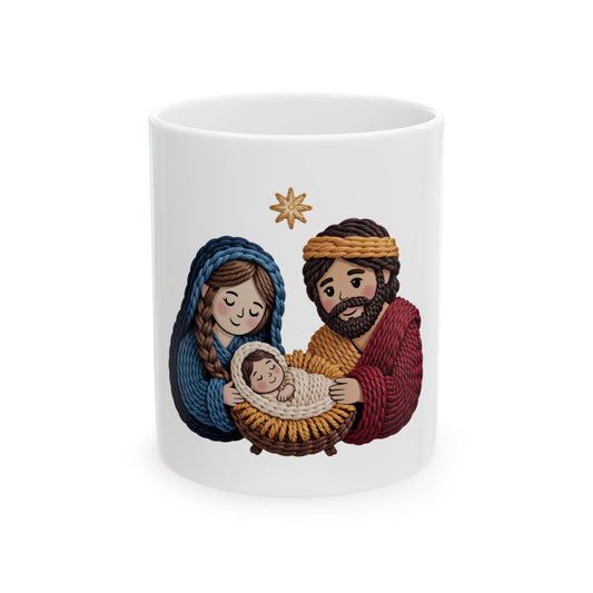 Nativity scene of Mary, Joseph, and baby Jesus in a manger, with a star.