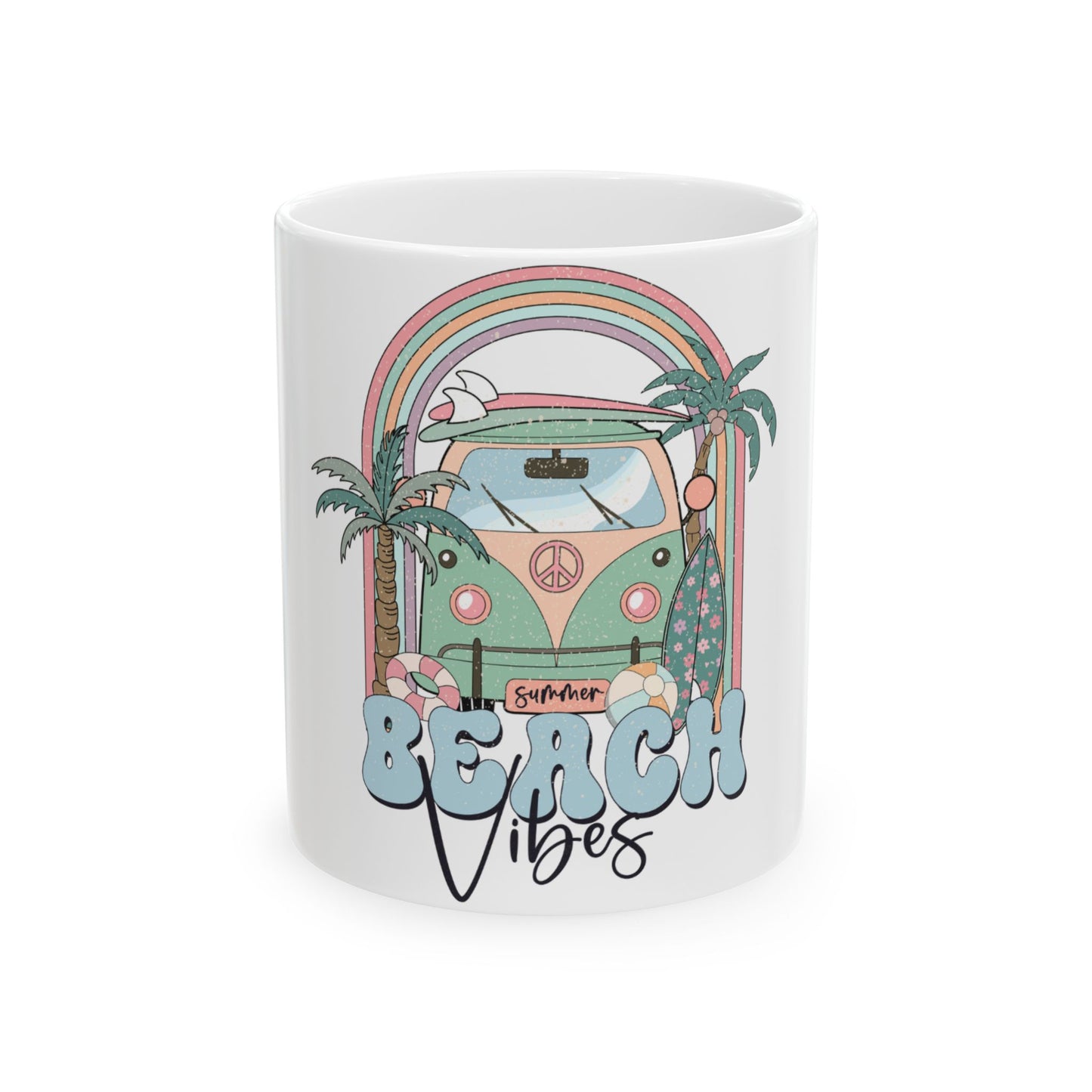 Retro van with "Beach Vibes" text, palm trees, and surfboard.