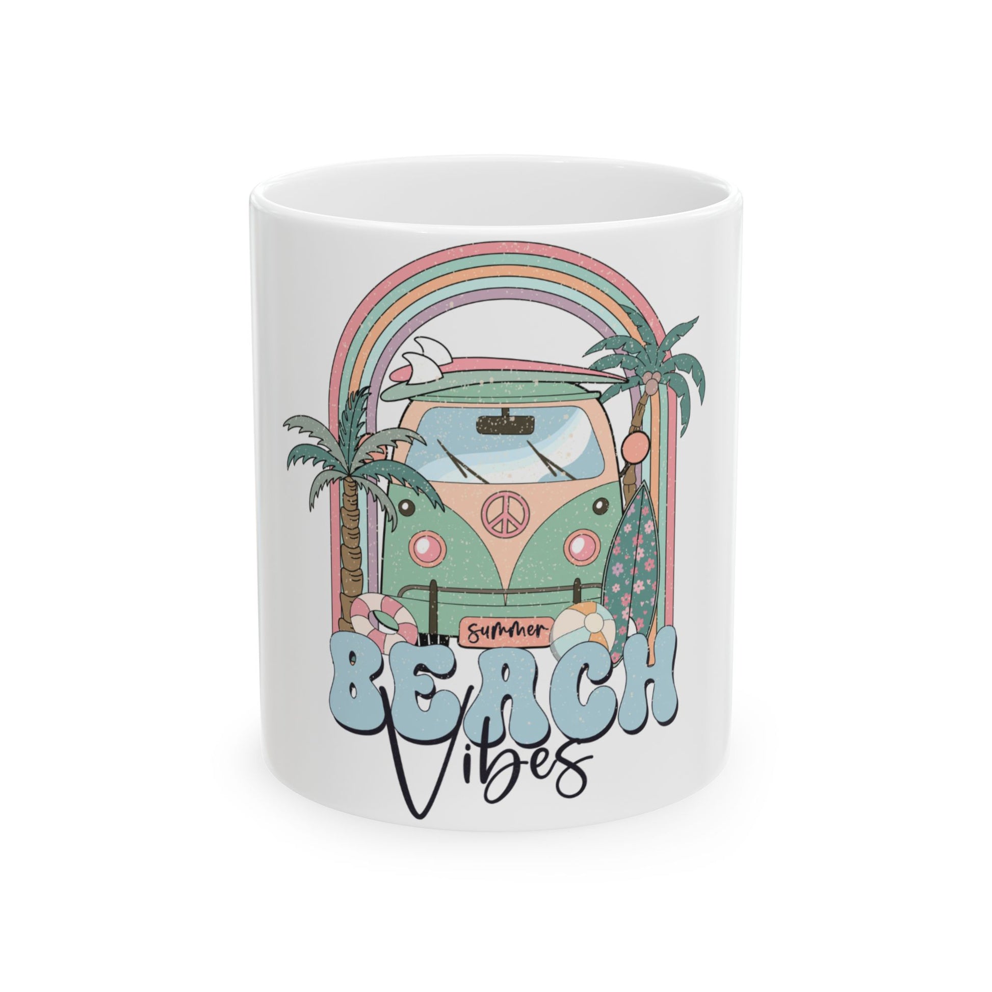 Retro van with "Beach Vibes" text, palm trees, and surfboard.