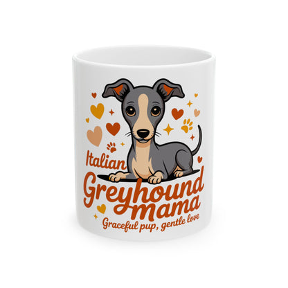 Italian Greyhound Mama mug with cartoon dog and heart accents.