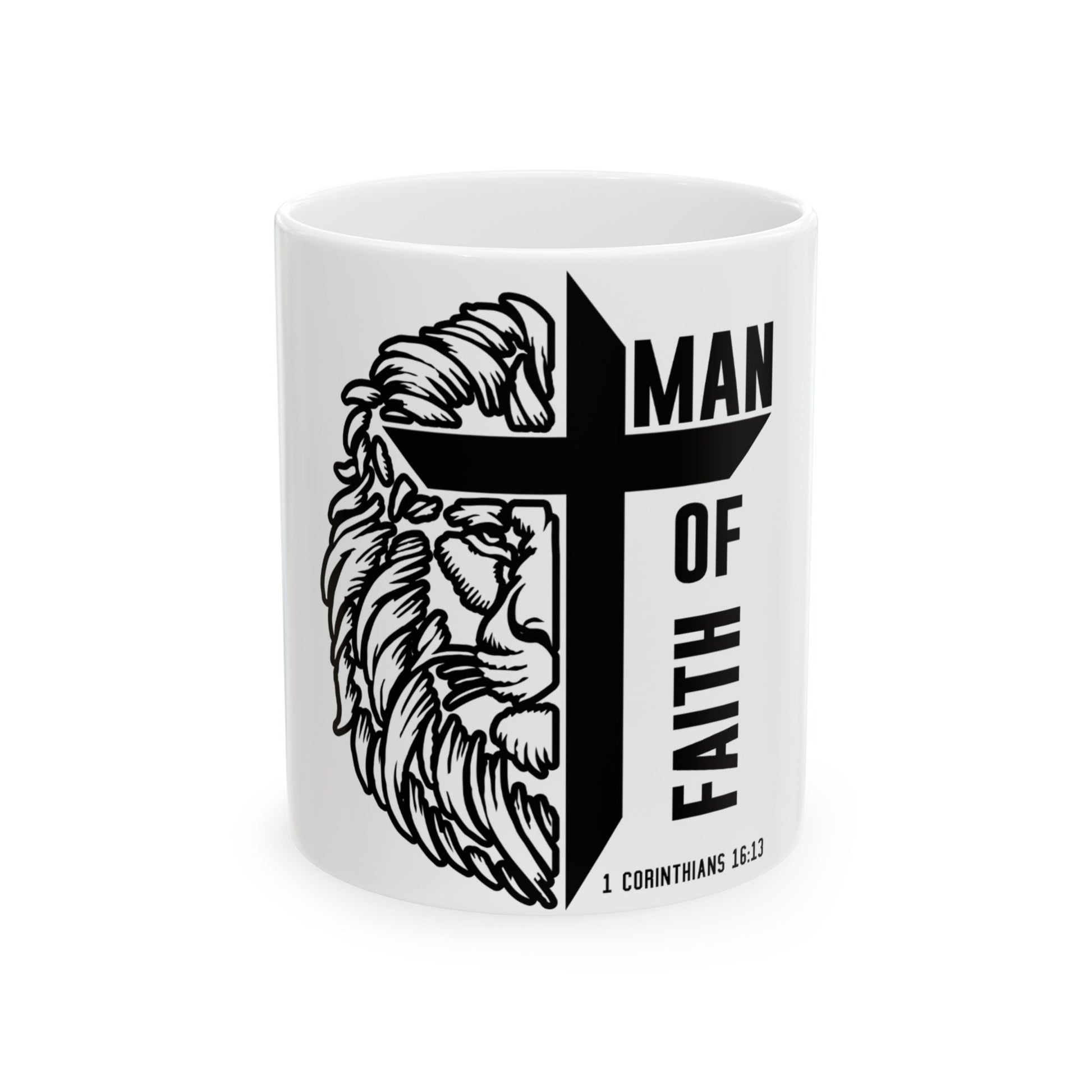 Mug with black cross, lion head, and "MAN OF FAITH" text.