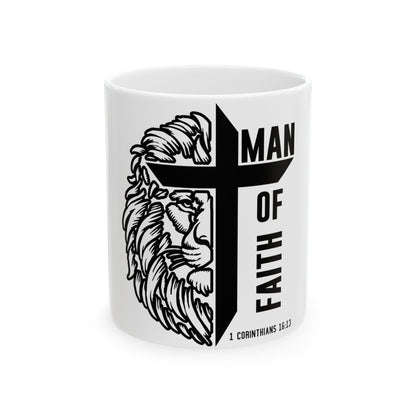 Mug with black cross, lion head, and "MAN OF FAITH" text.