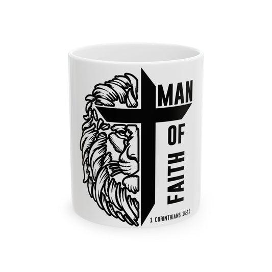 Mug with black cross, lion head, and "MAN OF FAITH" text.