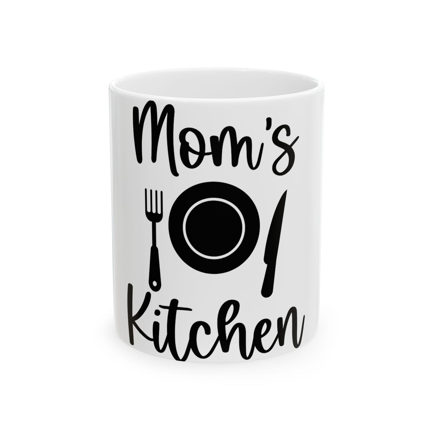 White mug with "Mom's Kitchen" and cutlery graphic.