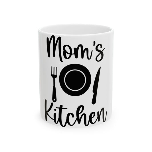 White mug with "Mom's Kitchen" and cutlery graphic.