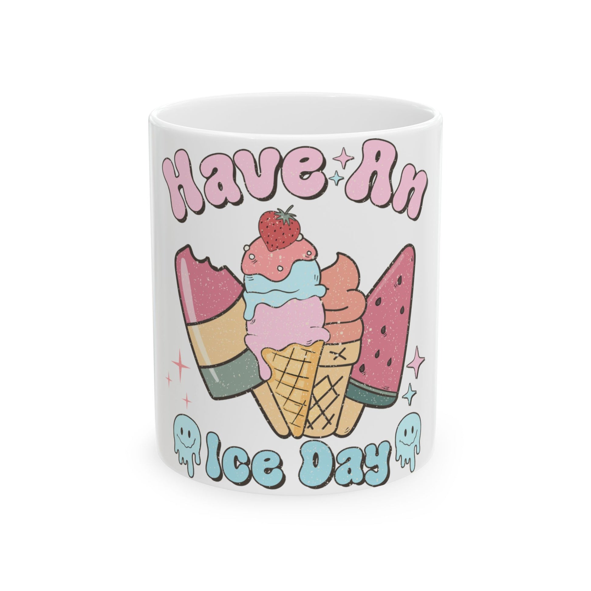 Mug with ice cream, popsicle, and watermelon designs, saying "Have An Ice Day".