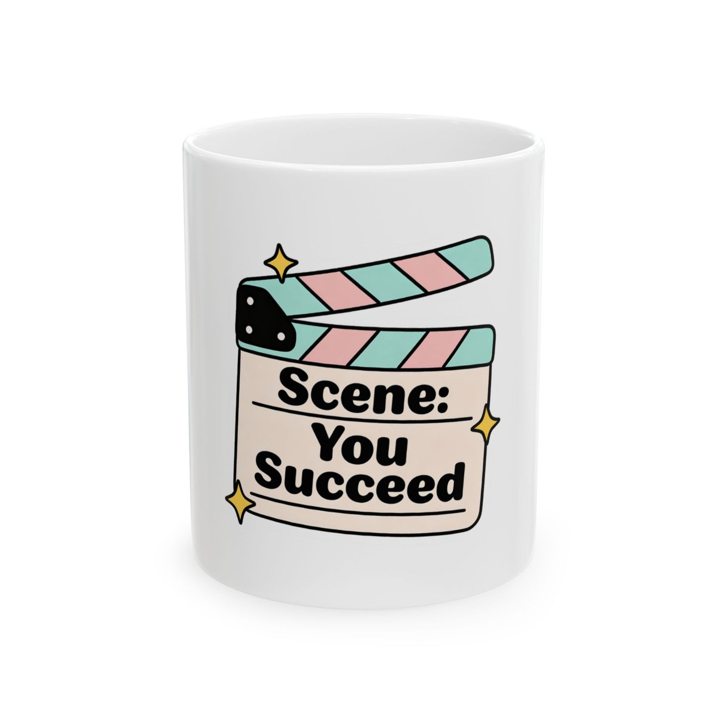 Mug with a movie clapperboard graphic that says "Scene: You Succeed."
