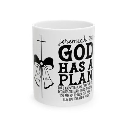 Mug with "God Has a Plan" and Jeremiah 29:11 scripture.