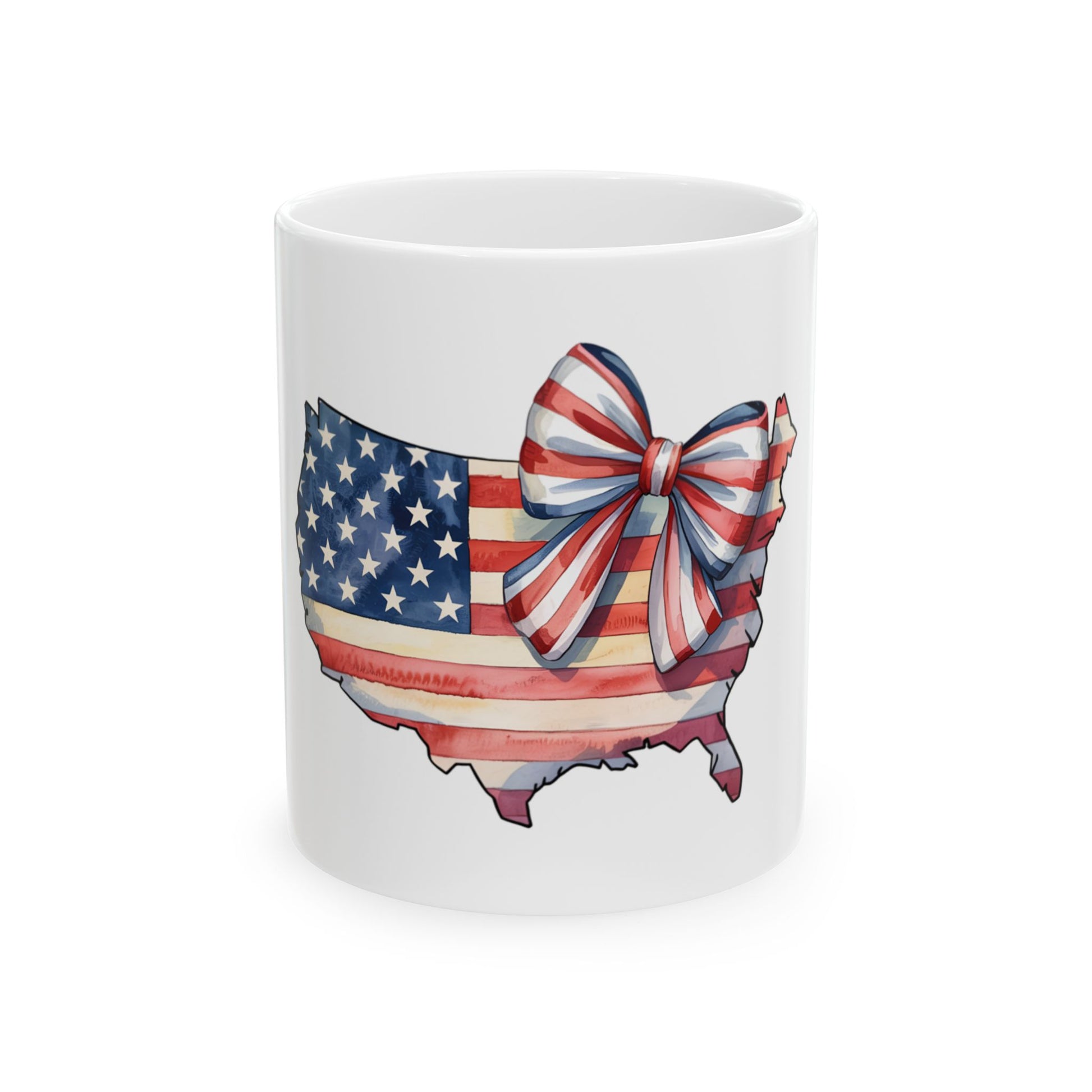 White mug with US map outline adorned with a red, white, and blue bow.