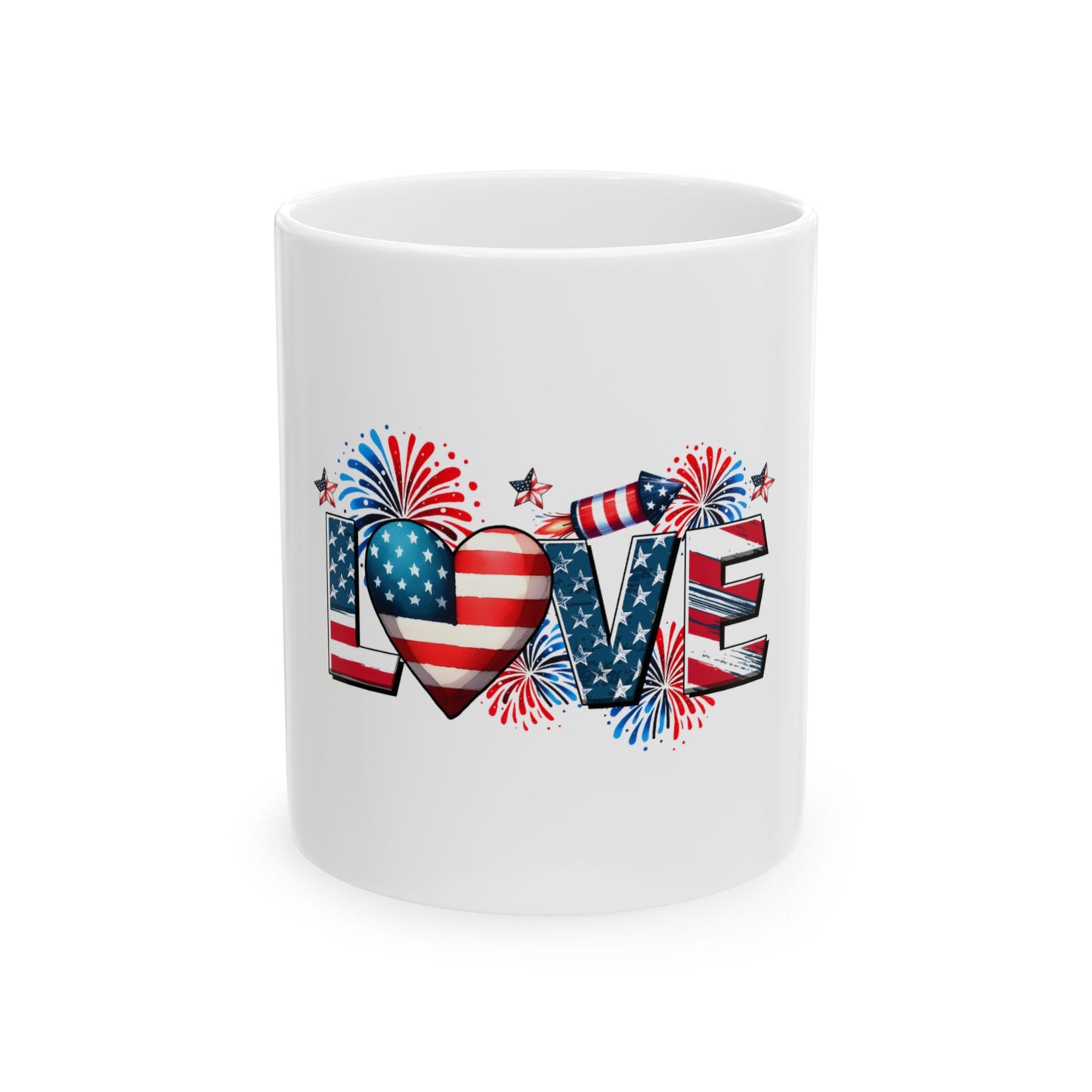 White mug with "LOVE" in patriotic USA flag design and fireworks.