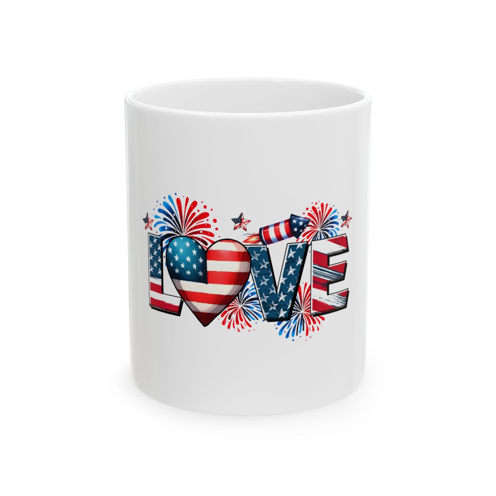 White mug with "LOVE" in patriotic USA flag design and fireworks.